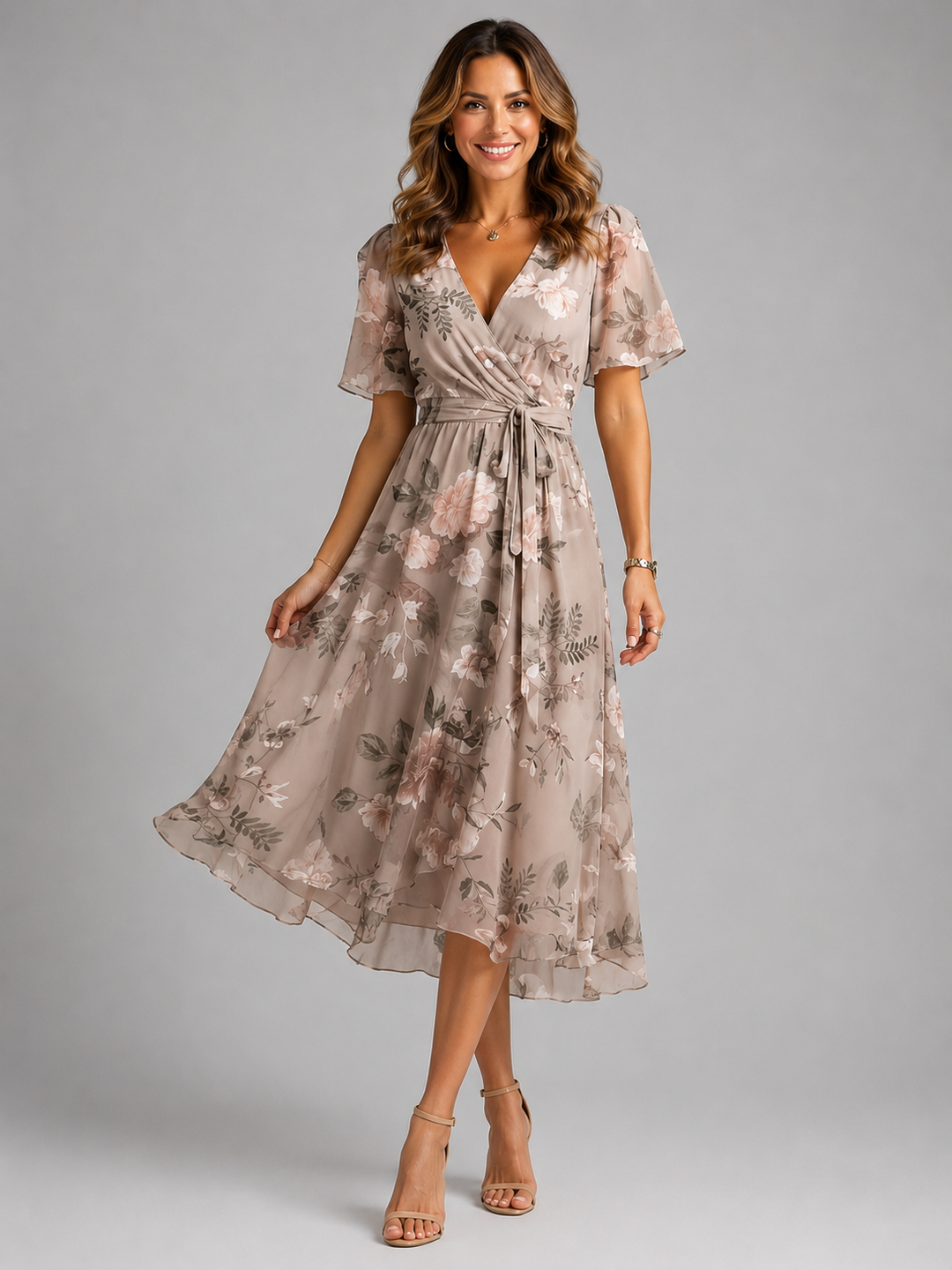 Women's elegant floral midi dress with tummy control, perfect for summer events.