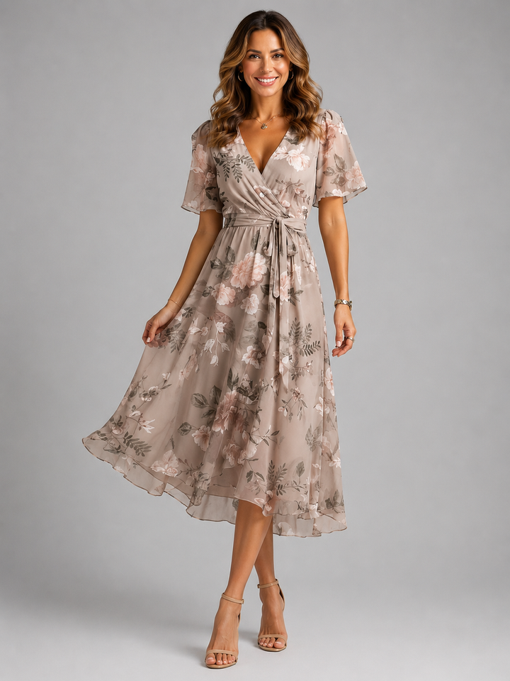 Women's elegant floral midi dress with tummy control, perfect for summer events.