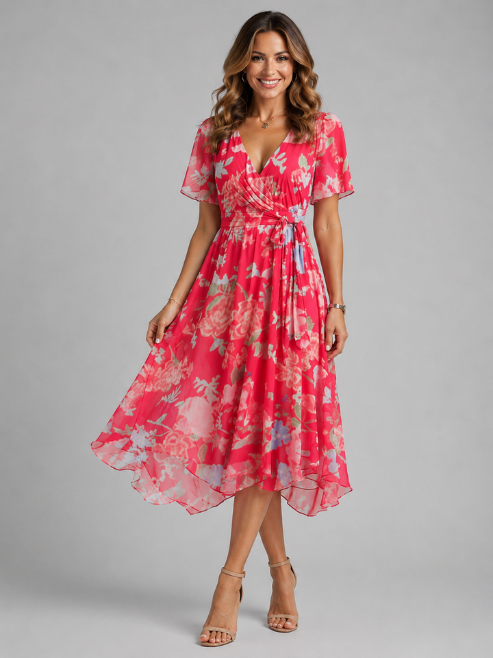 Comfortable women's floral midi dress with tummy control design, great for fashion-forward summer looks.
