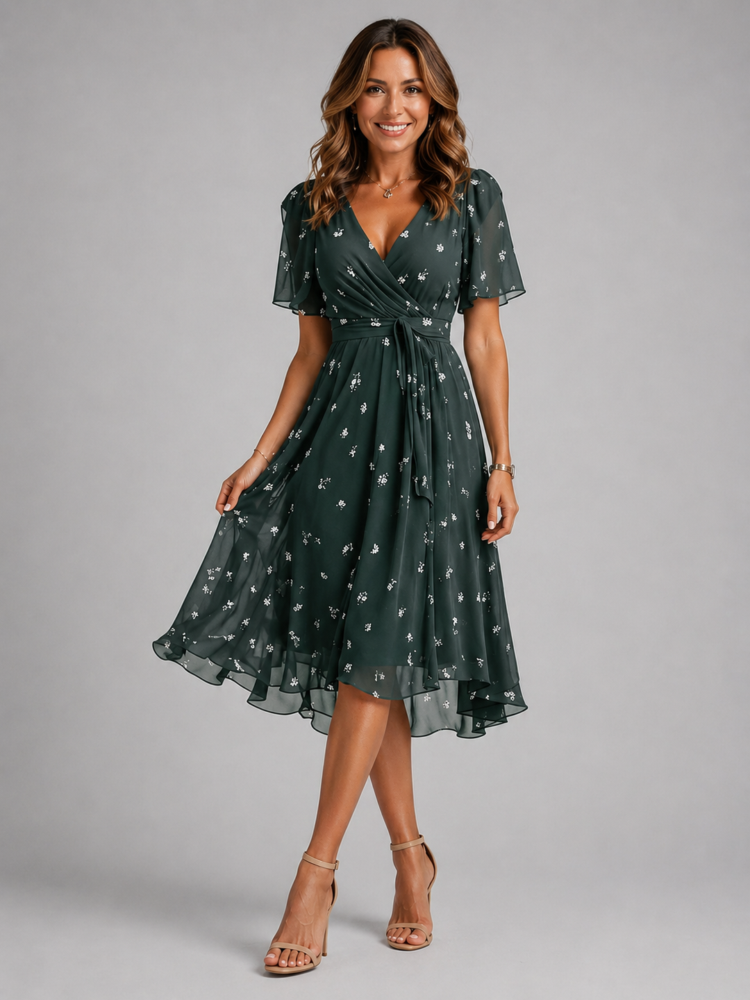 Elegant women's printed floral midi dress. Tummy control wrap style, a fashionable choice for any event.