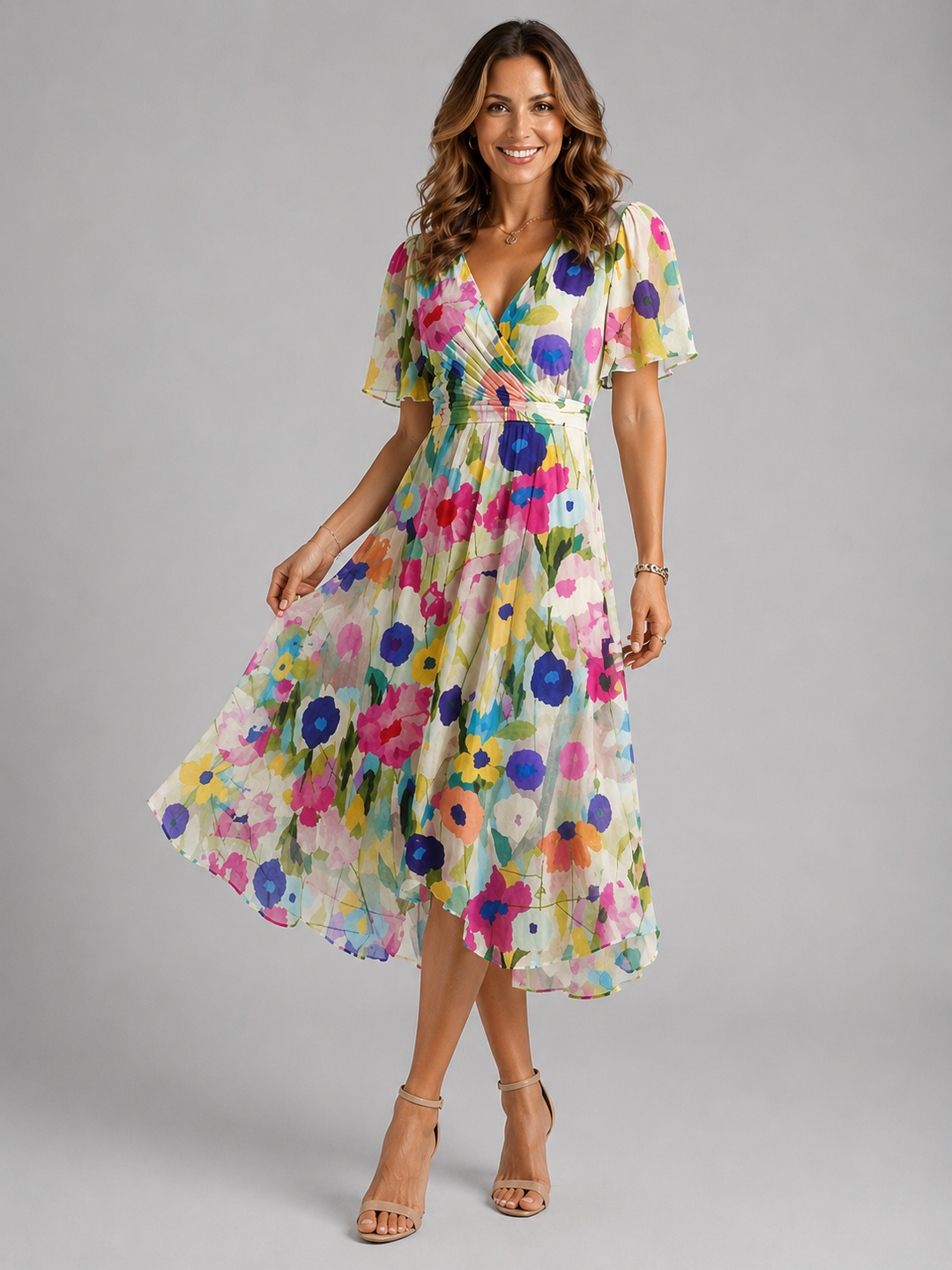 Women's summer floral midi dress, offering an elegant look with practical tummy control features.