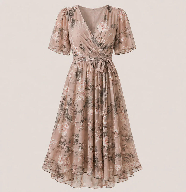 Beautiful women's floral print midi dress. Elegant wrap style with tummy control for a flattering silhouette.