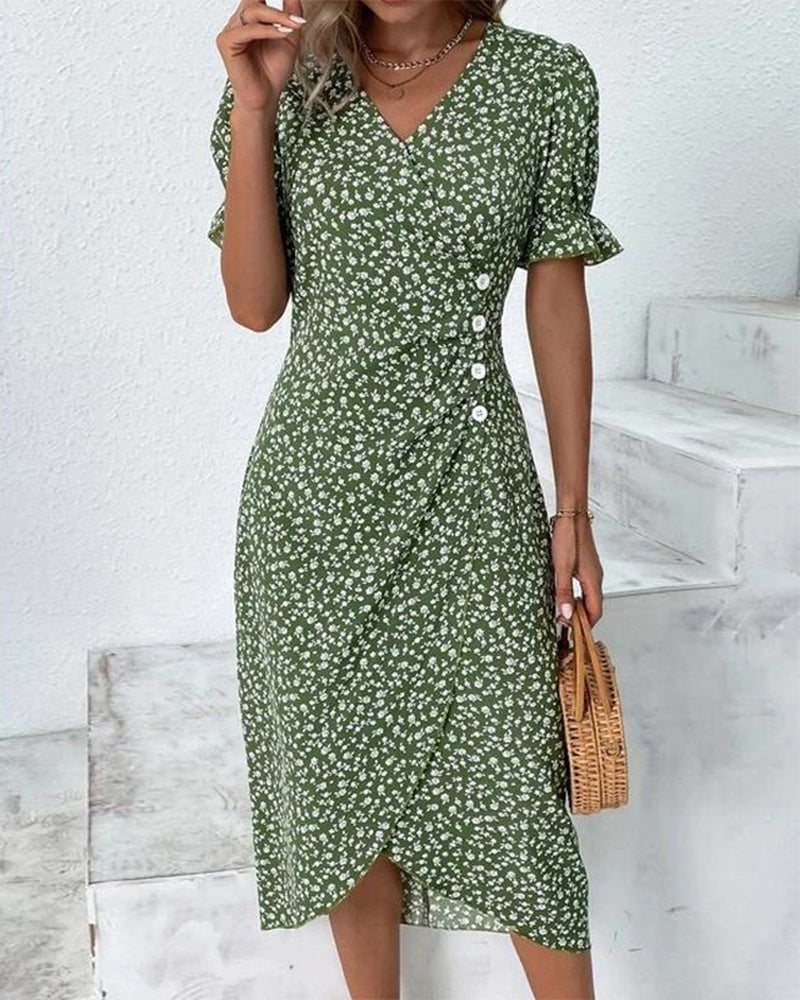 Women's elegant floral midi wrap dress with V-neck & short sleeves, perfect for summer casual & day wear.