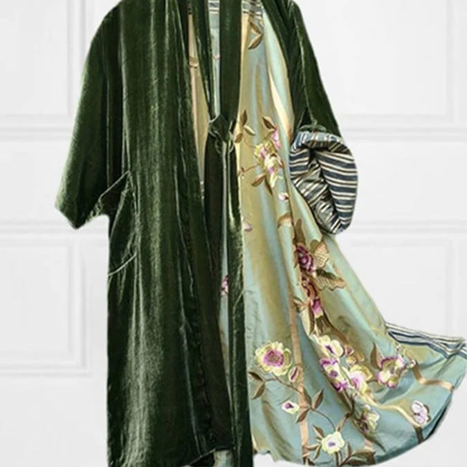 Stylish women's off-shoulder pajama dress, featuring elegant floral pattern. Comfortable loungewear with a chic neckline.