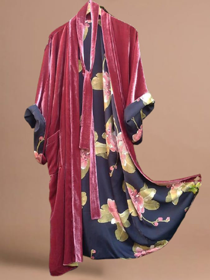 Back view of women's elegant floral off-shoulder pajama dress. Belted midi sleepwear offering comfort and graceful style.