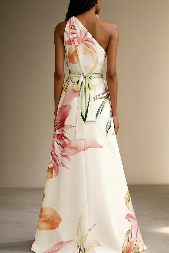 Vibrant floral print one-shoulder long dress for women, perfect for elegant parties & evening wear.
