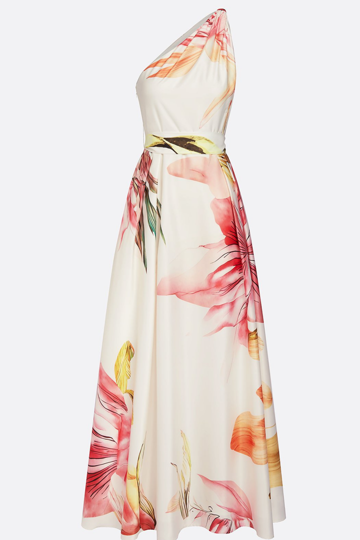 Feminine one-shoulder floral maxi dress, excellent for spring weddings, garden parties, or special dates.