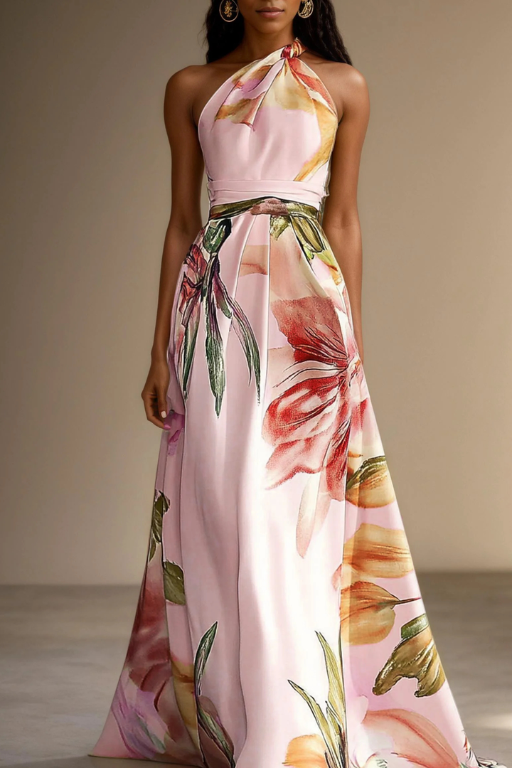Graceful women's floral one-shoulder long dress, designed for wedding guests & evening events.