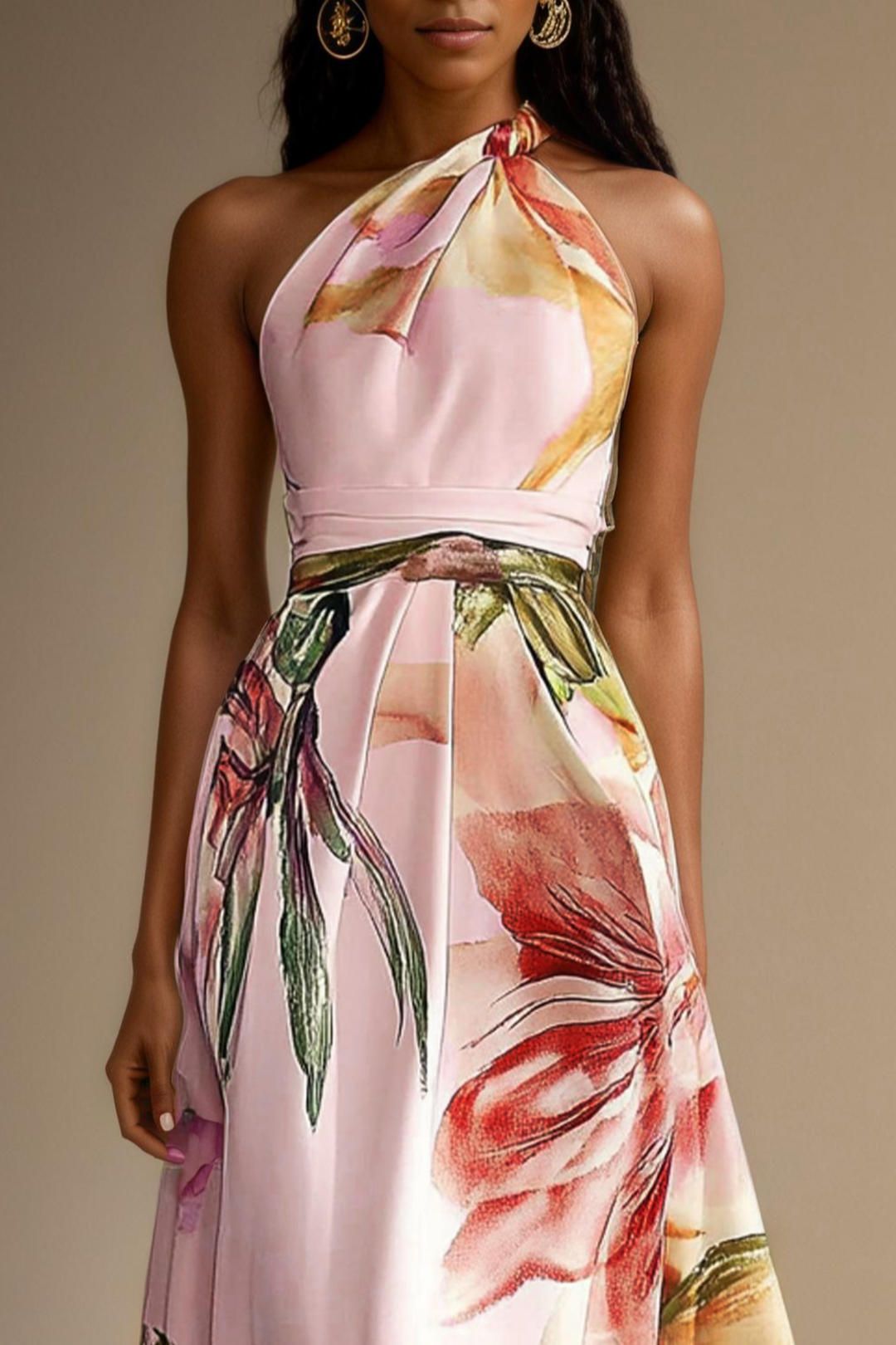 Beautiful women's floral one-shoulder maxi dress with elegant print, suitable for summer parties.