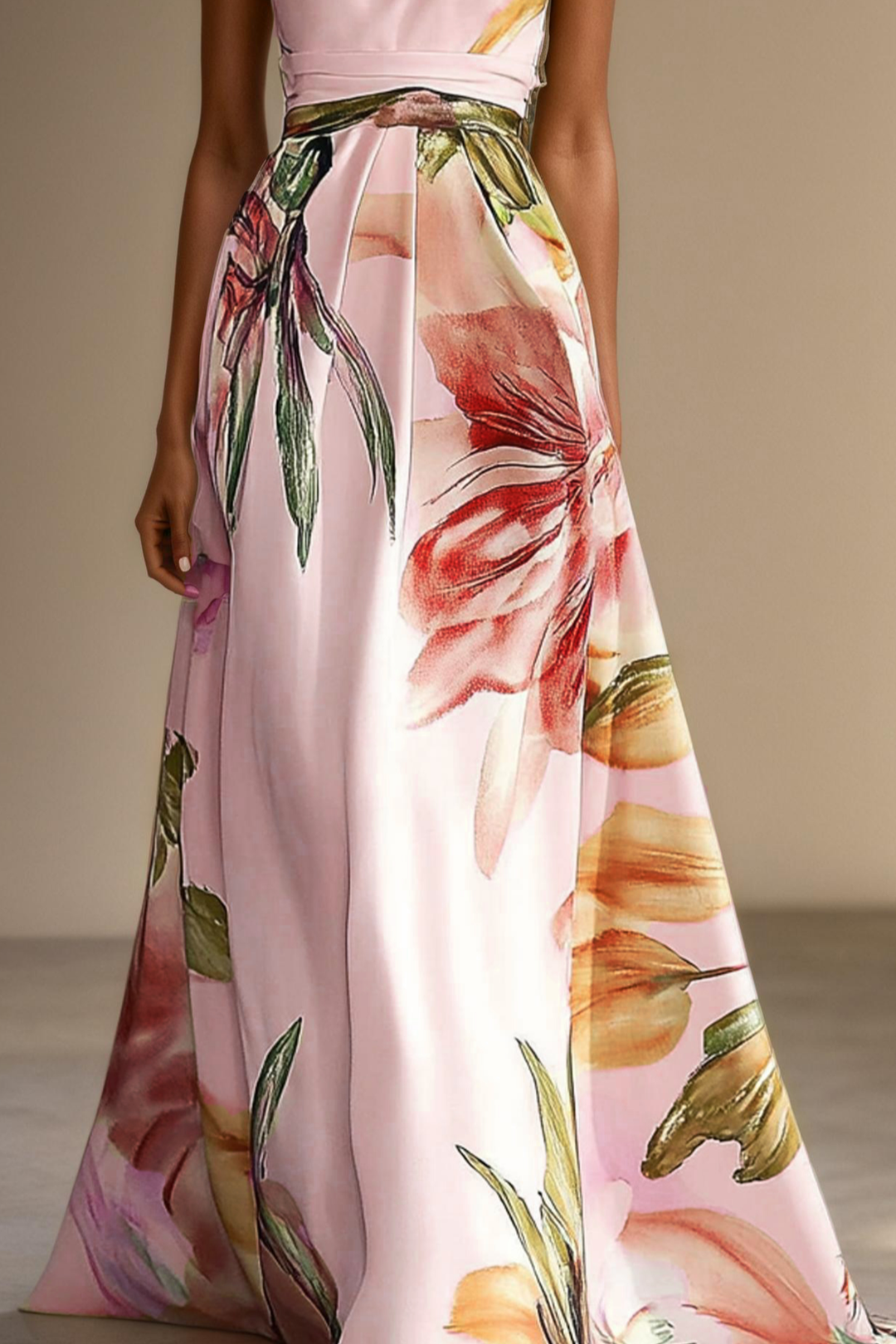 Sophisticated women's one-shoulder floral maxi dress, a perfect special occasion or party outfit.