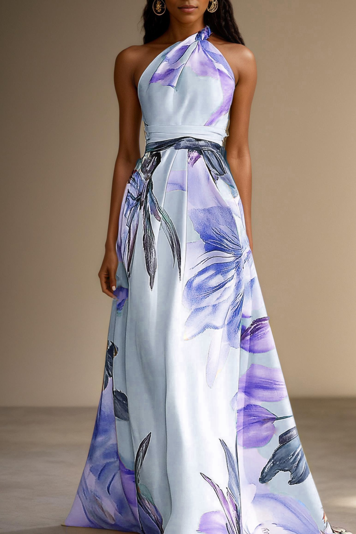Trendy women's floral one-shoulder maxi dress, ideal for spring fashion, wedding guest, or evening.