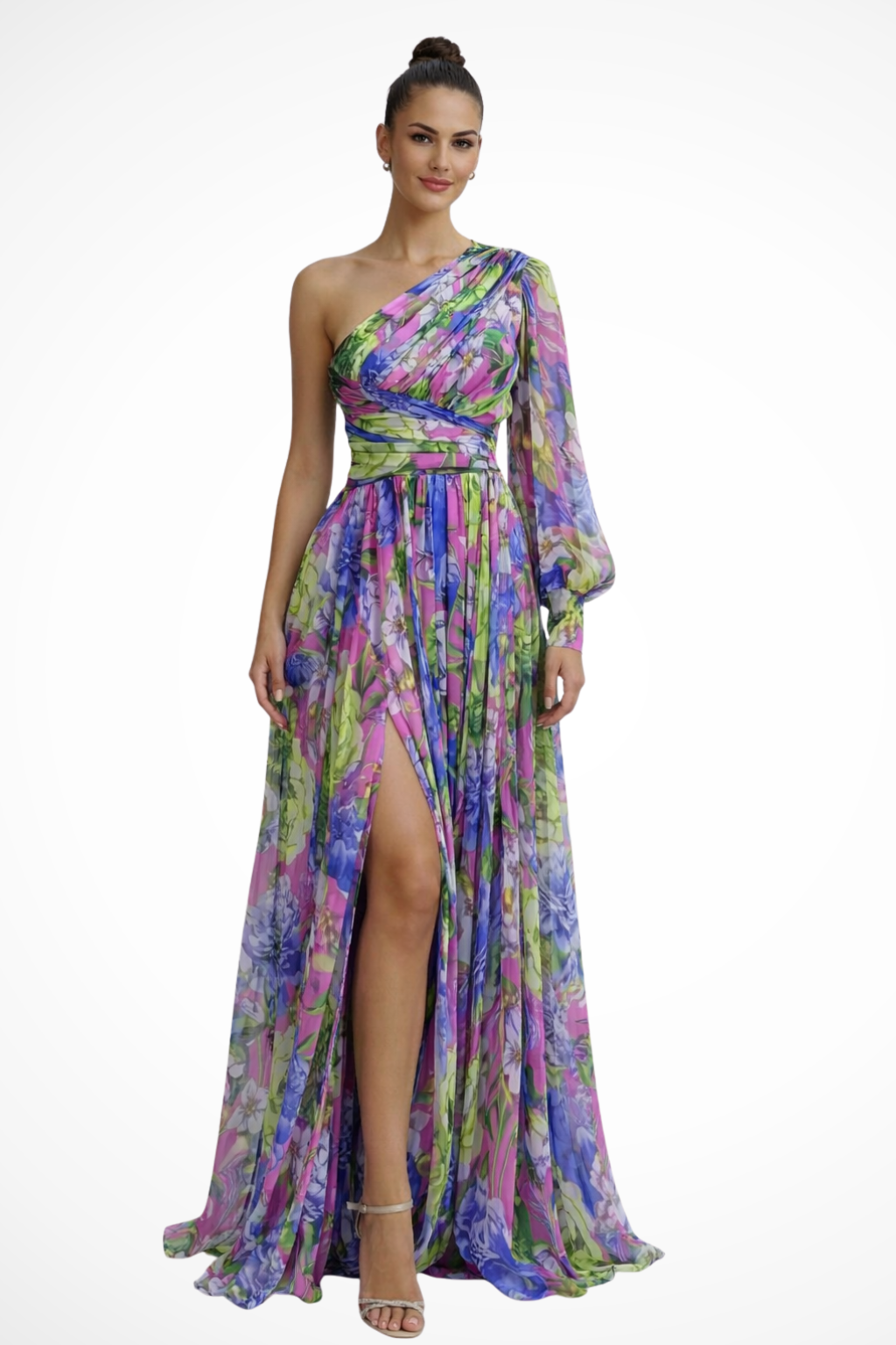 Women's elegant floral one-shoulder maxi dress, perfect for wedding guests. Draped formal gown in vibrant colors.