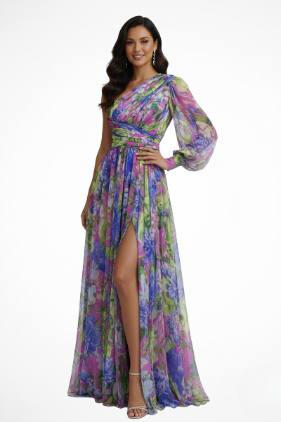 Pink & yellow floral one-shoulder maxi dress for women. Elegant draped design, ideal for formal evening events.