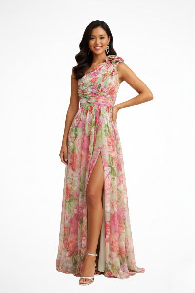 Elegant women's floral one-shoulder maxi dress. Beautiful formal gown, draped for a stunning wedding guest look.