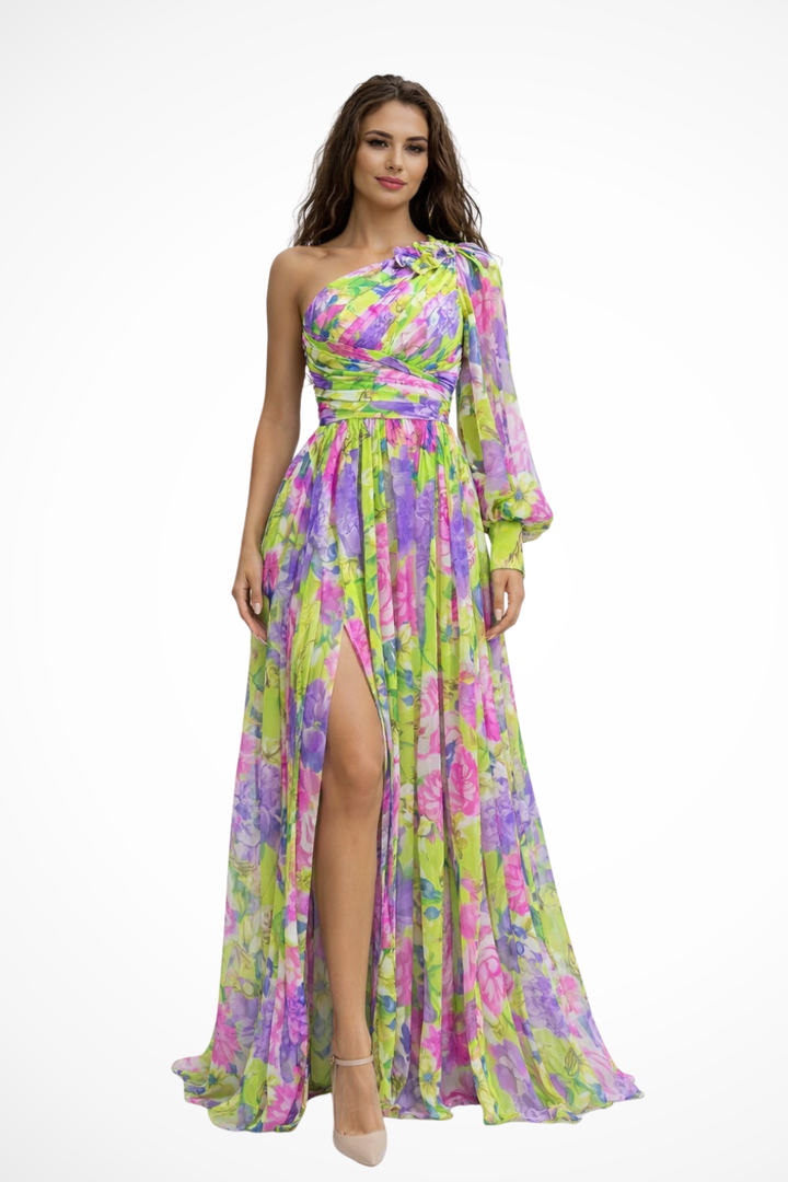Draped floral one-shoulder maxi dress for women. Elegant pink, yellow, purple formal gown, perfect for special occasions.