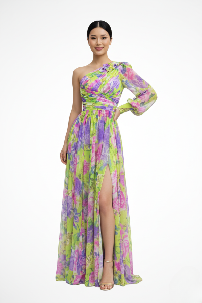 Women's elegant one-shoulder floral maxi dress. A stunning wedding guest gown with beautiful draping and vibrant colors.