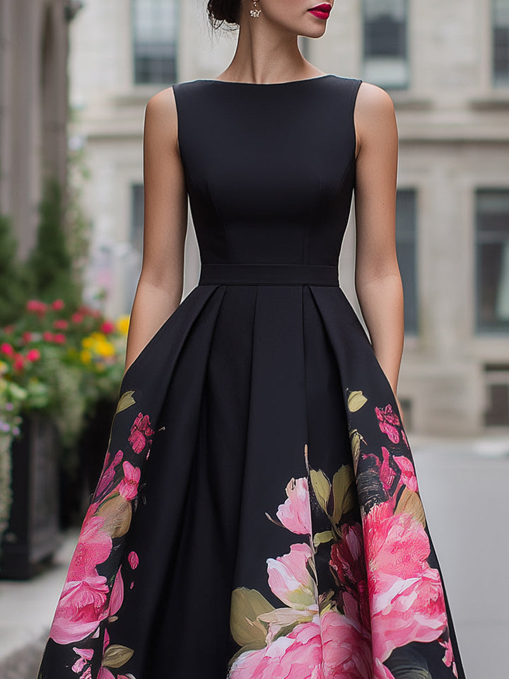 Sleeveless floral A-line midi dress for women featuring delicate pleats & vibrant print. Ideal for elegant occasions.