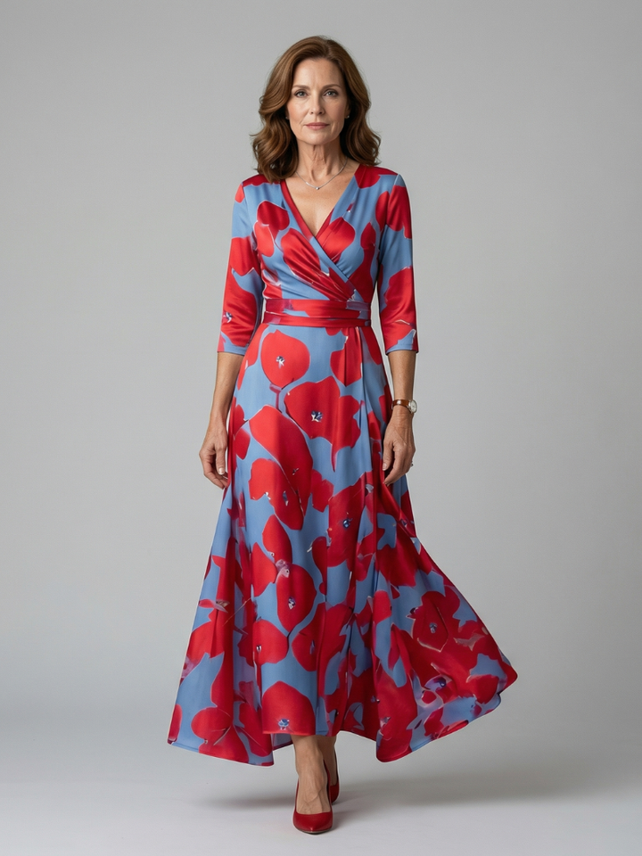 Women's elegant floral print cross wrap neck midi dress with three-quarter sleeves and V-neck.