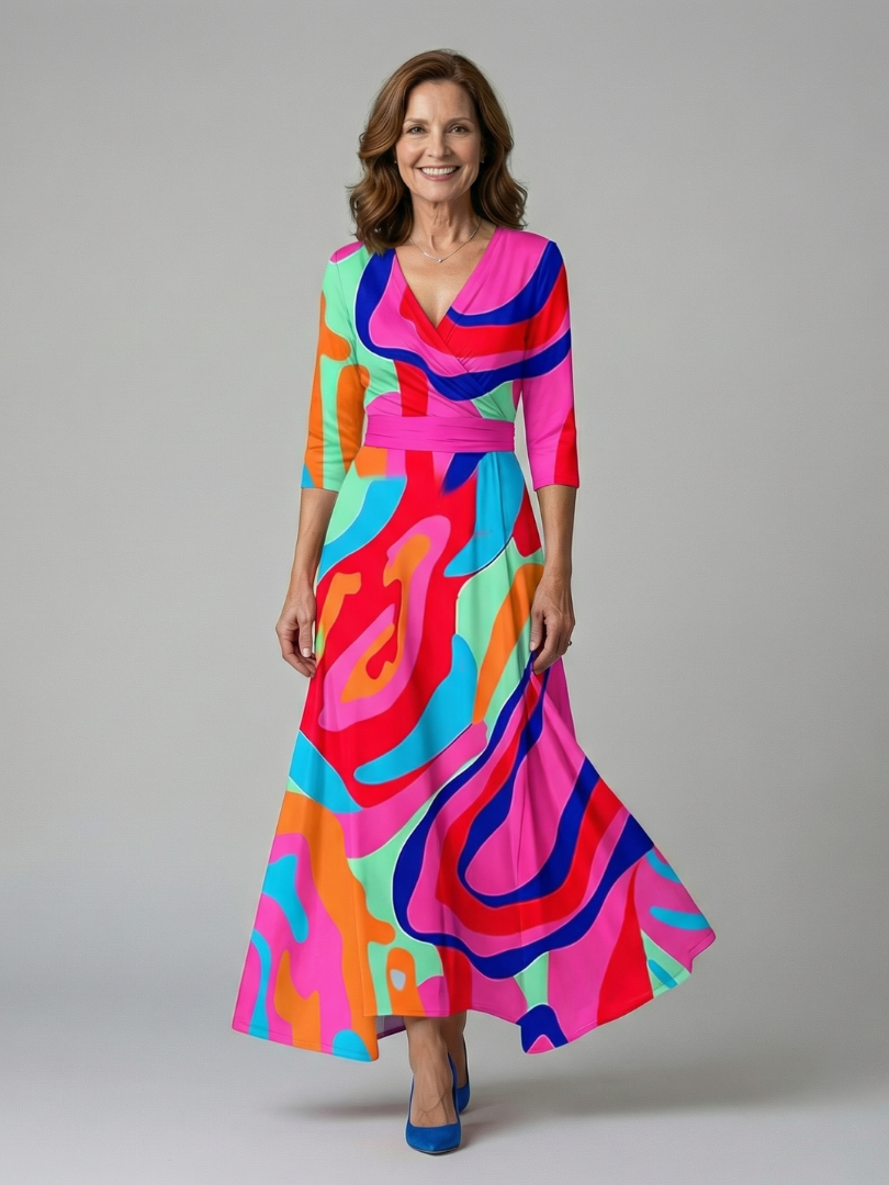 Elegant women's midi dress with floral print, cross wrap V-neck, 3/4 sleeves, and flattering defined waist.