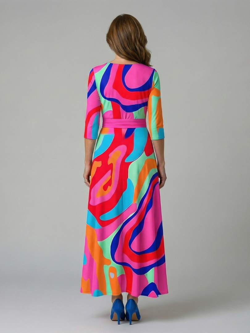 Chic spring style: women's floral wrap midi dress, cross V-neck, three-quarter sleeves, comfortable fit.