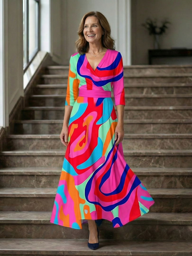 Comfortable women's floral print midi dress, wrap V-neck, 3/4 sleeves, defined waist for easy summer wear.