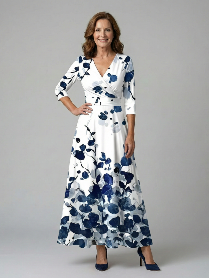 Women's elegant floral cross wrap neck midi dress, 3/4 sleeves, V-neck, perfect for a refined spring look.