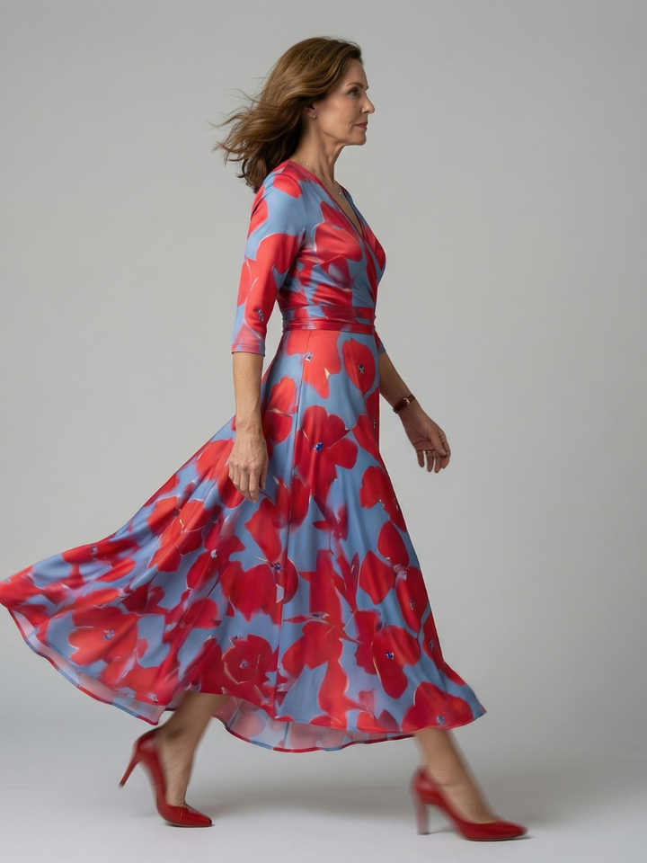 Chic women's wrap midi dress, floral print, 3/4 sleeves, V-neck, defined waist for spring/summer.