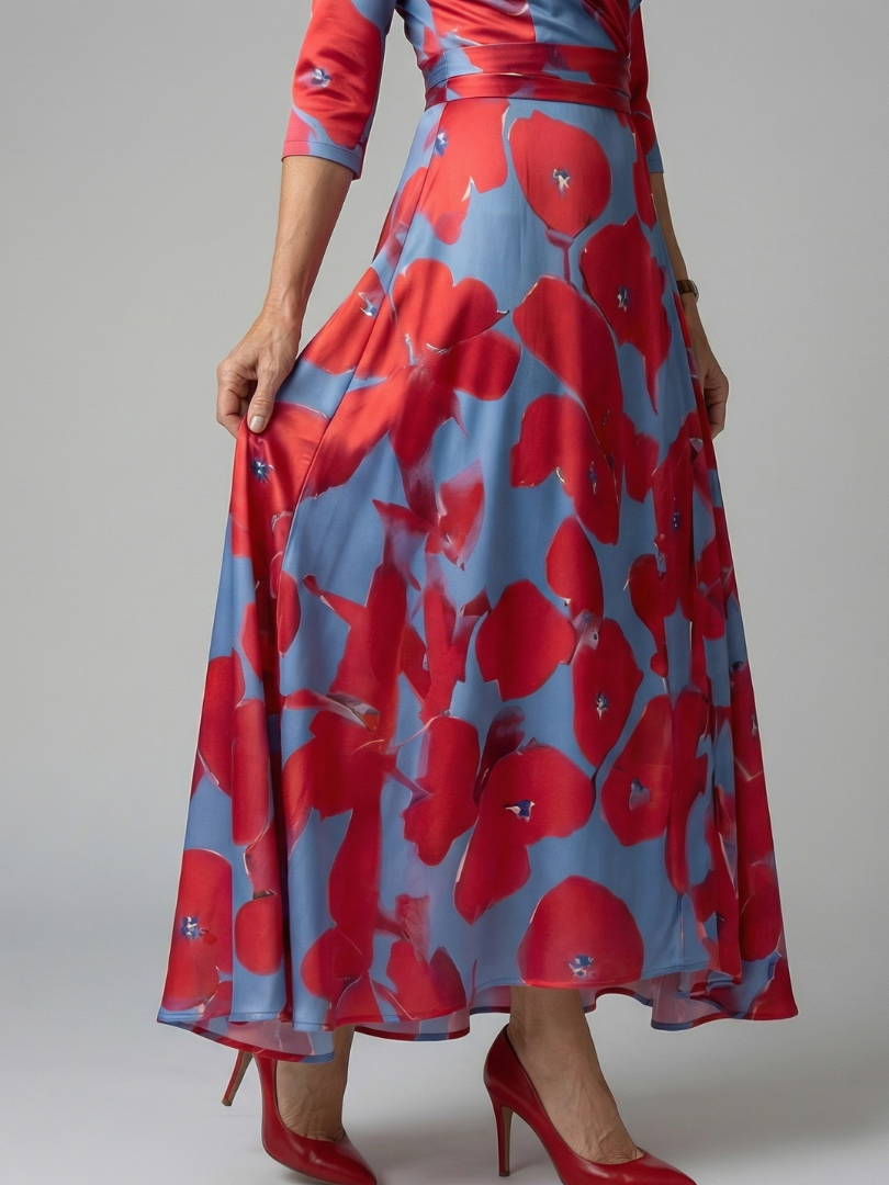 Comfortable floral print cross wrap V-neck midi dress for women, with elegant three-quarter sleeves.