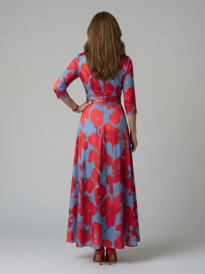 Versatile women's floral midi wrap dress, 3/4 sleeves, V-neck, defined waist, perfect for everyday wear.