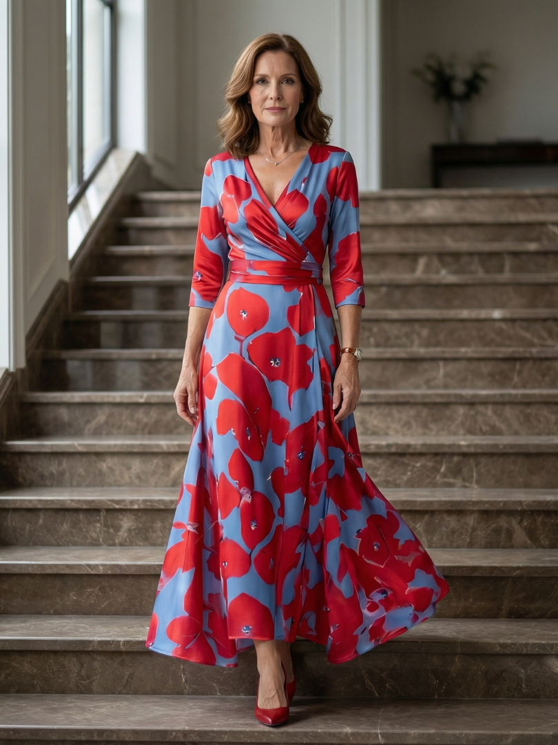 Everyday chic women's floral print cross wrap midi dress, V-neck, three-quarter sleeves, defined waist.