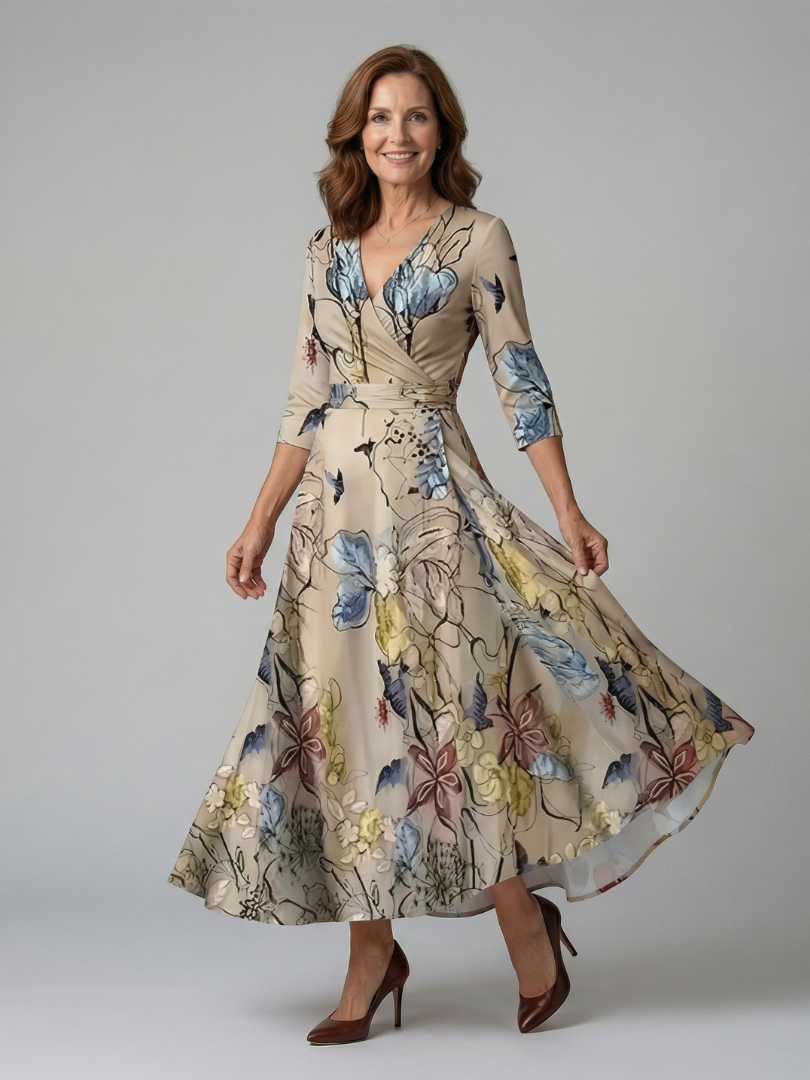 Stylish women's floral midi dress featuring a cross wrap V-neck and elegant three-quarter sleeves.
