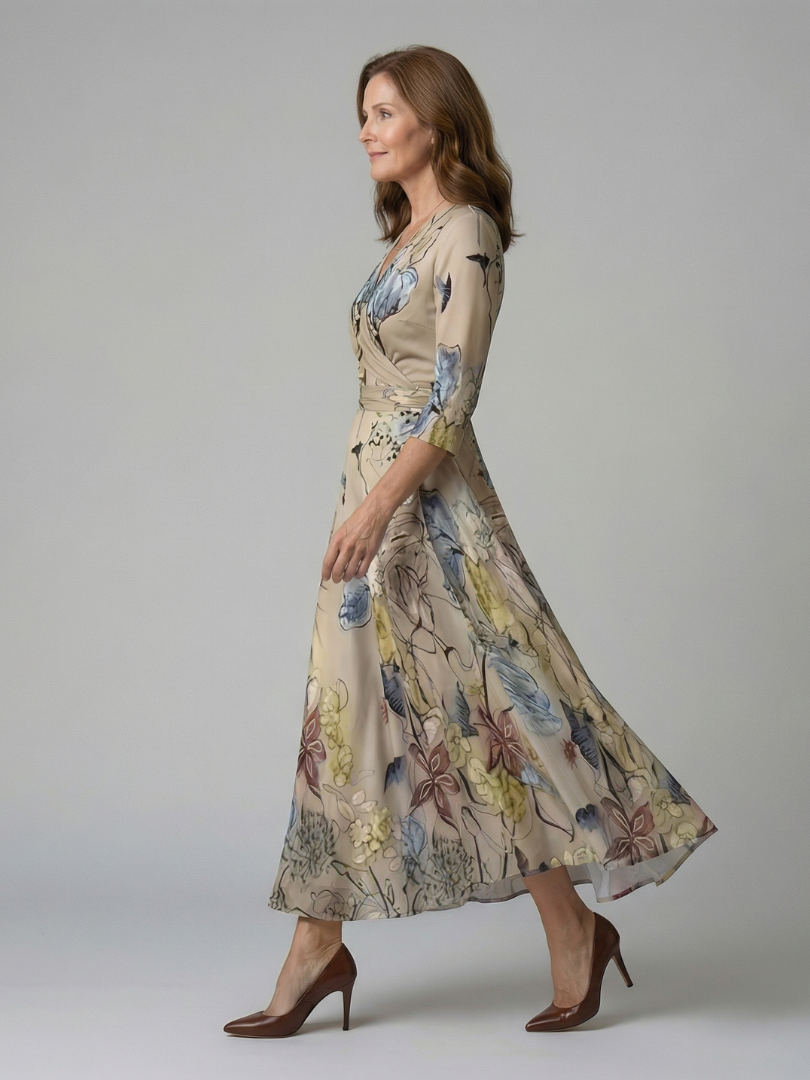 Women's elegant V-neck wrap midi dress, floral pattern, 3/4 sleeves, defined waist, perfect for spring.