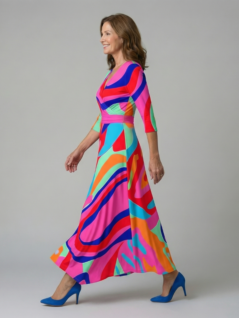 Women's fashion floral print cross wrap midi dress, V-neck, three-quarter sleeves, for a chic look.