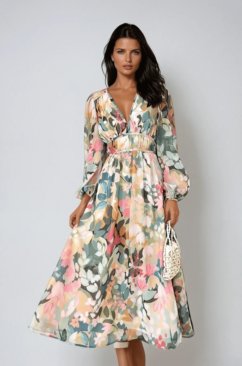 Women's elegant floral puff sleeve midi dress with a flattering V-neck, perfect for summer occasions & garden parties.