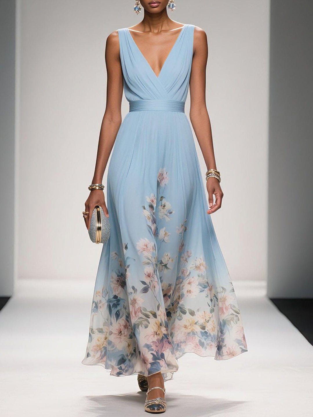 Women's elegant floral V-neck maxi dress, perfect for summer weddings, parties & special occasions.