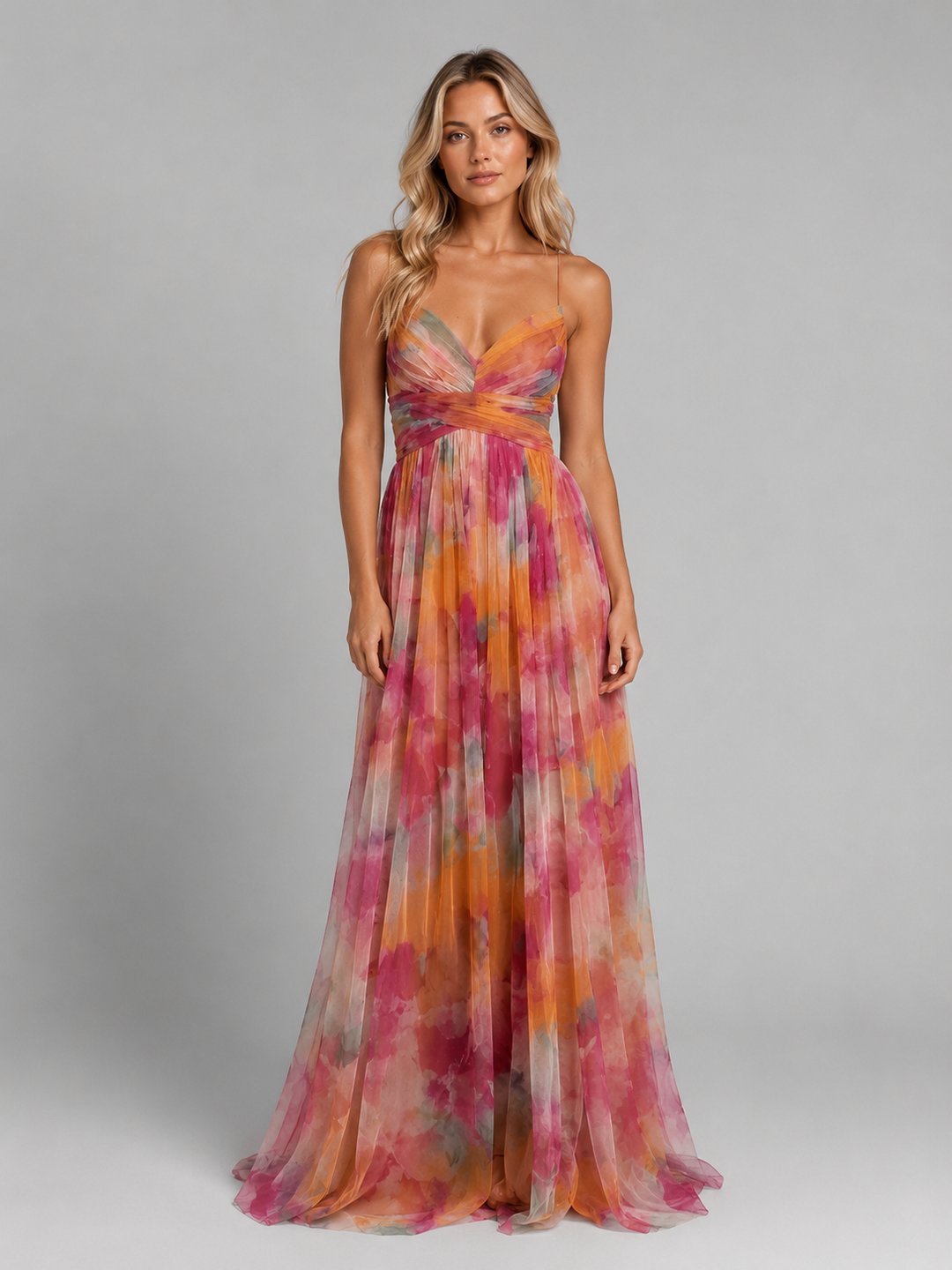 Women's elegant floral V-neck maxi dress. Perfect for summer, beach, or vacation wear. Long, flowing casual style.