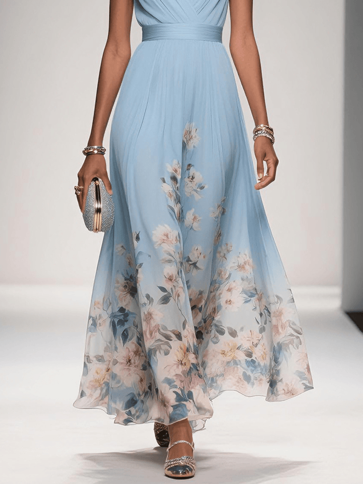 Vibrant floral V-neck summer maxi dress for women, elegant occasion wear for wedding guests.