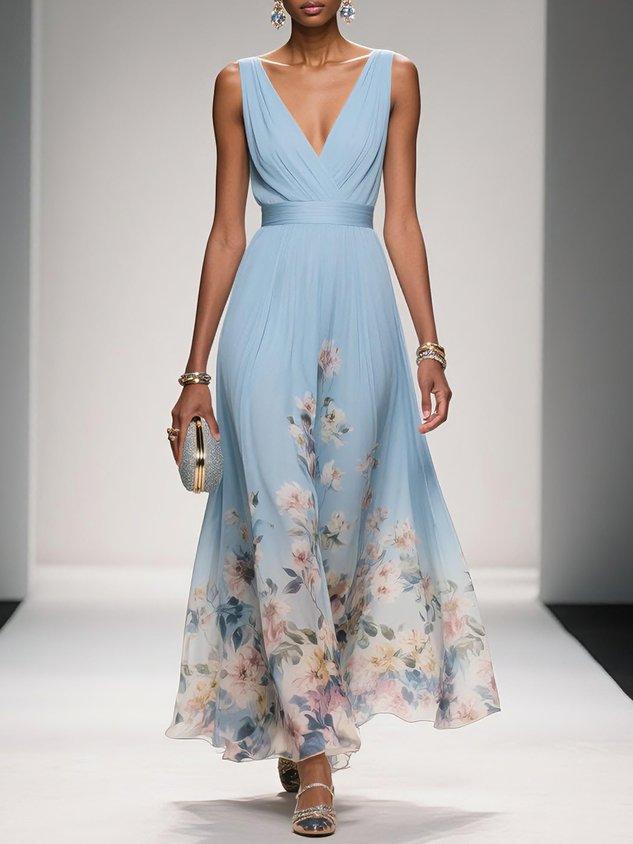 Graceful women's floral V-neck summer maxi dress, ideal for wedding parties & holiday celebrations.