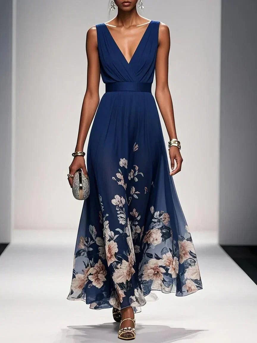 Stylish women's floral print V-neck maxi summer dress, ideal wedding guest attire.