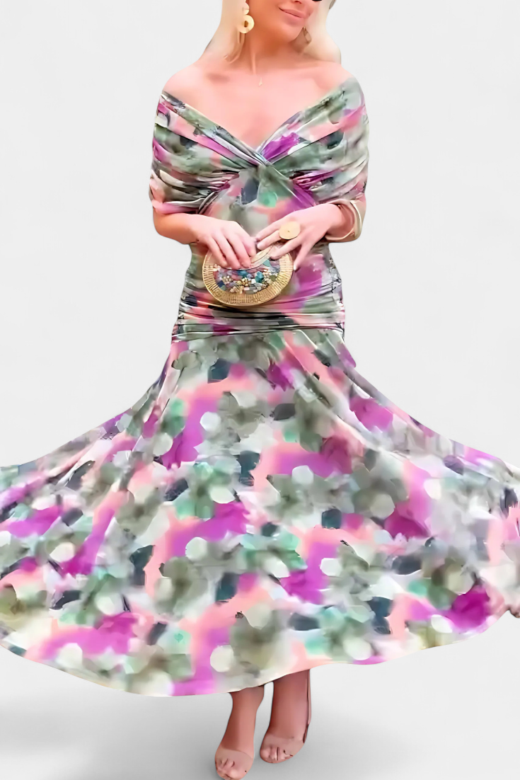 Romantic floral summer dress for women, V-neck, flowy, and long for elegance.