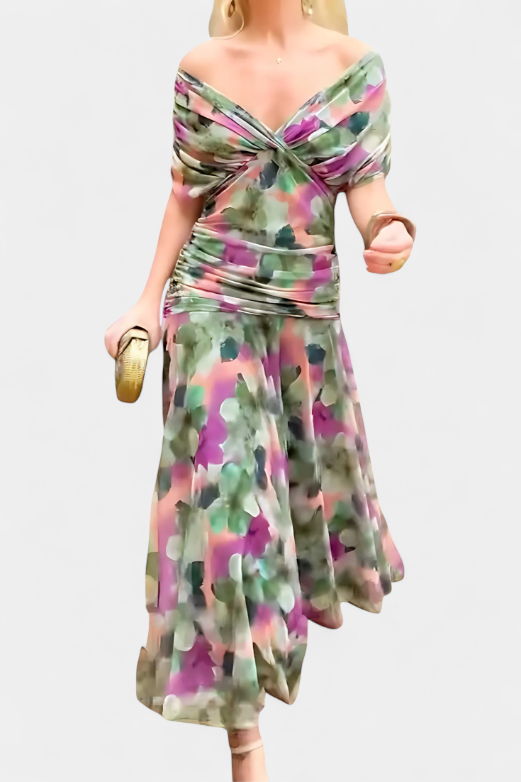 Chic women's floral V-neck maxi dress, elegant flowy style, perfect for events.