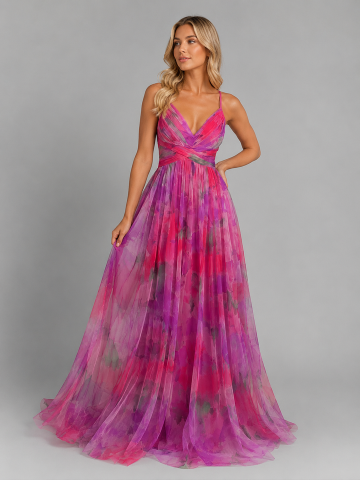 Woman wearing a stylish floral V-neck maxi dress, perfect for a chic summer vacation or elegant beachwear.
