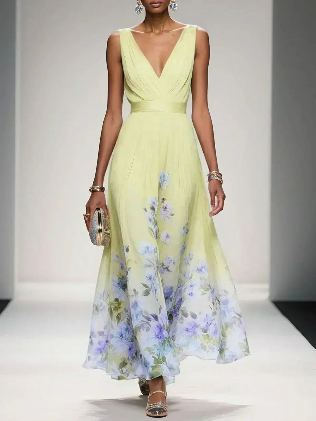 Flowy V-neck floral maxi dress for women, a chic choice for summer weddings, holidays & parties.
