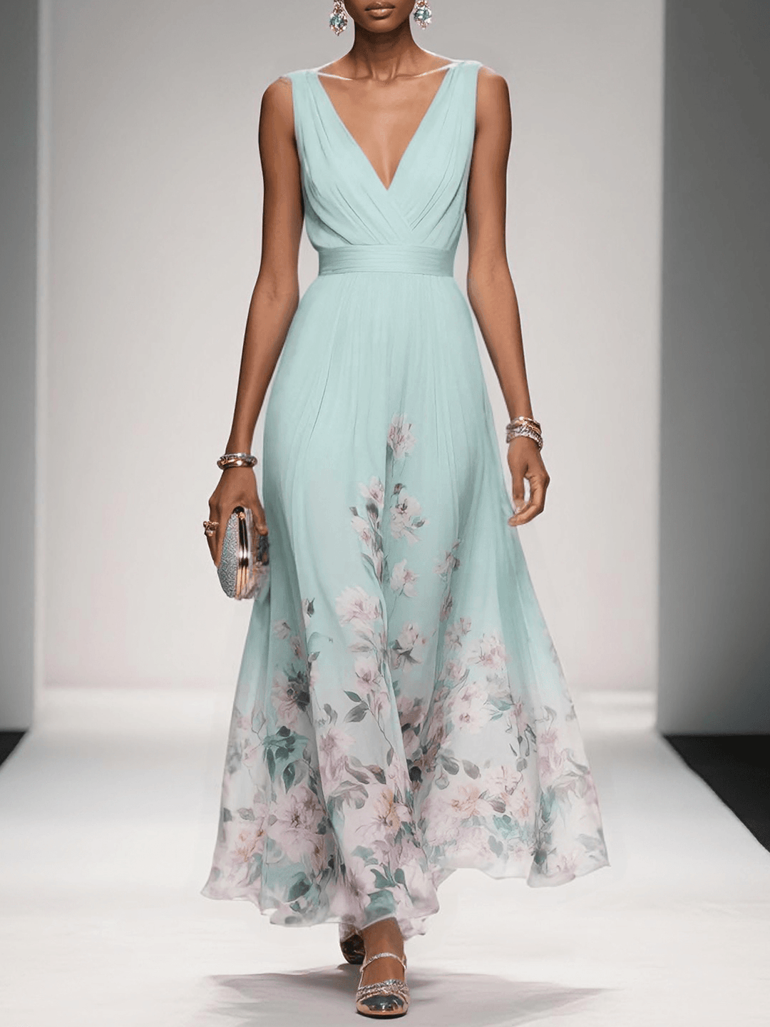 Beautiful women's floral V-neck summer maxi dress, elegant for weddings, holidays & occasion wear.