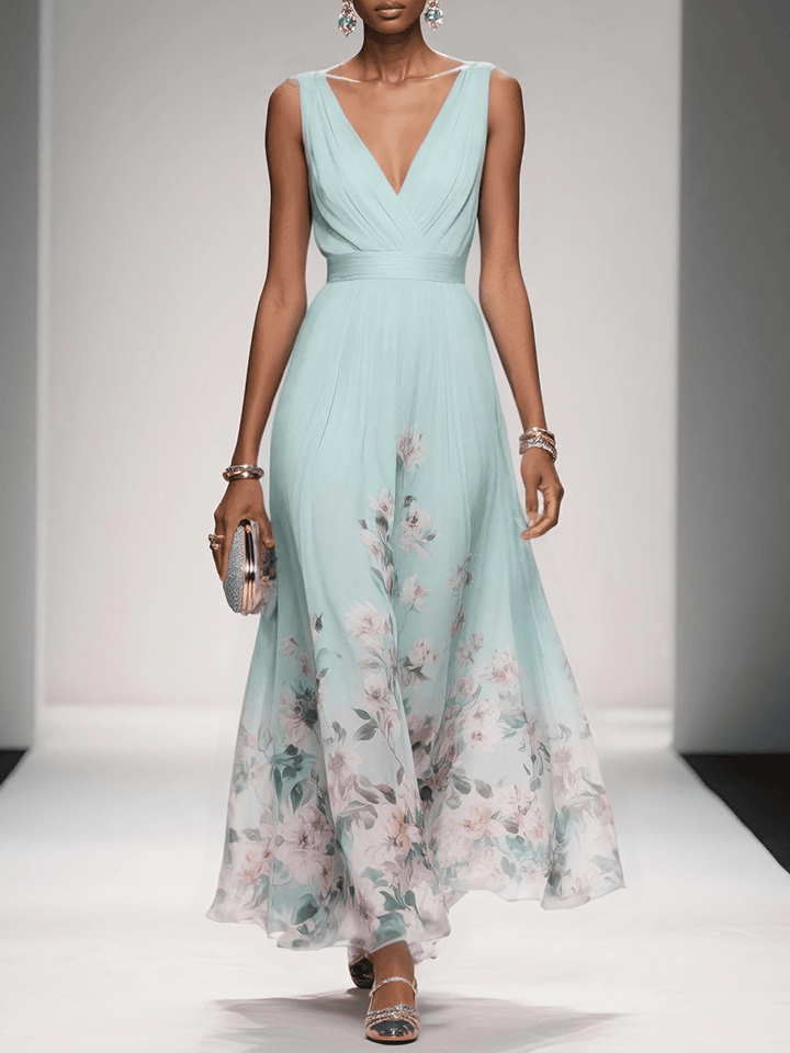 Beautiful women's floral V-neck summer maxi dress, elegant for weddings, holidays & occasion wear.