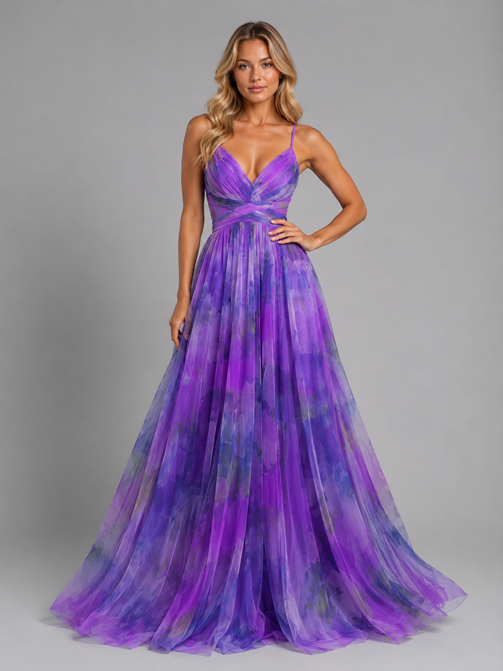 Flowing long floral V-neck maxi dress for women, offering effortless summer style & comfort. Ideal casual fashion.