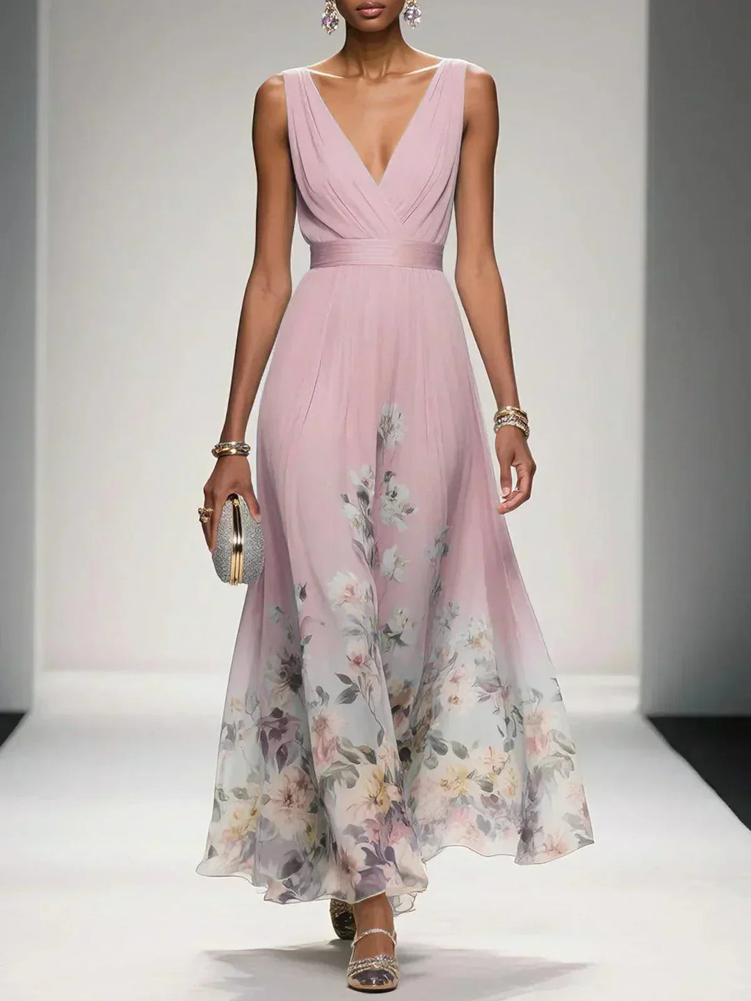 Lightweight women's floral V-neck maxi dress, comfortable & fashionable for summer weddings.
