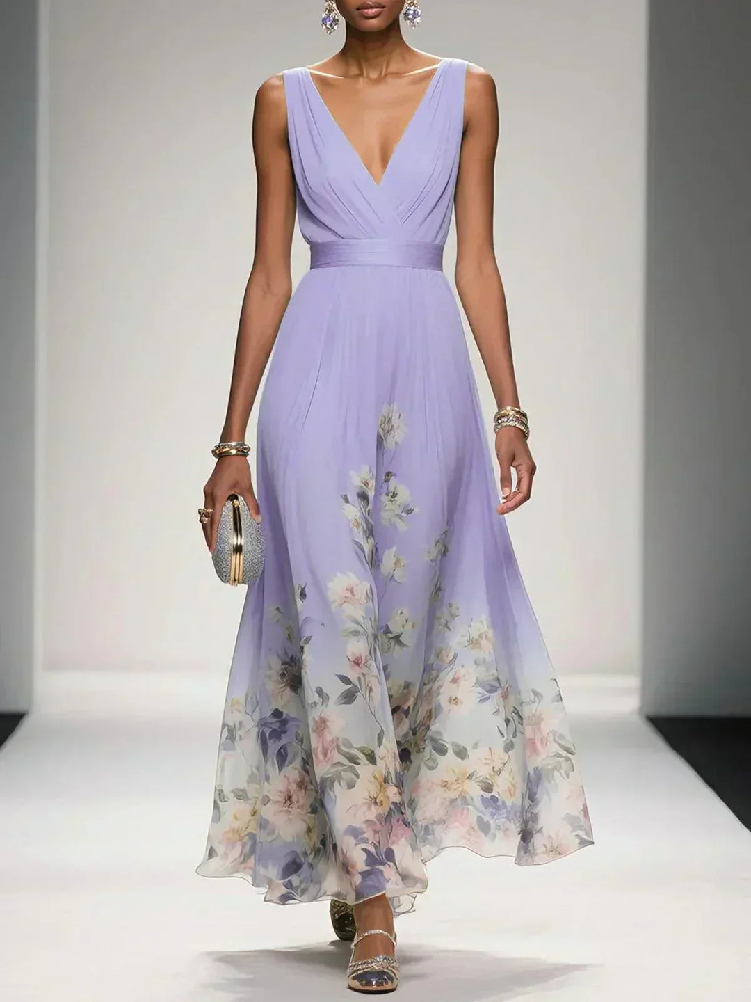 Chic women's V-neck floral maxi dress, a stunning summer outfit for wedding guests & elegant events.