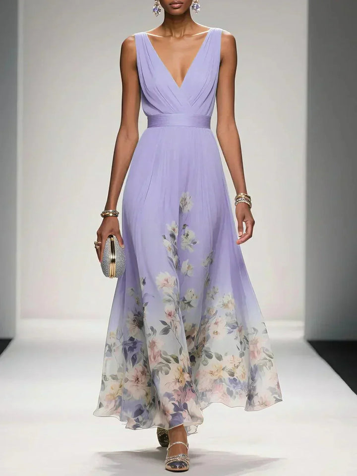 Chic women's V-neck floral maxi dress, a stunning summer outfit for wedding guests & elegant events.