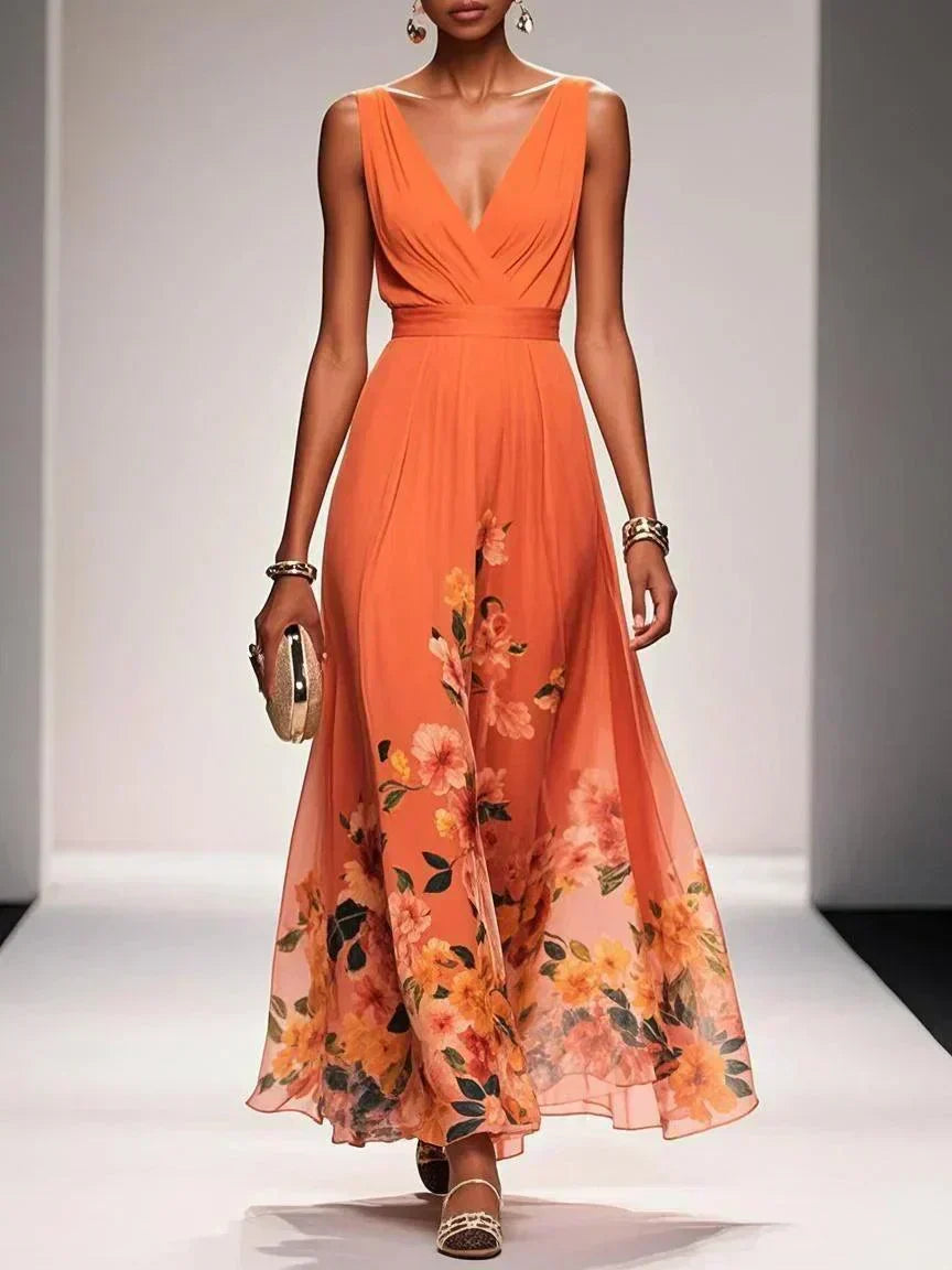 Elegant women's floral V-neck maxi dress, the perfect summer wedding guest or party outfit.